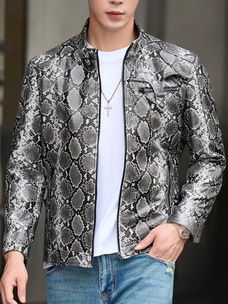 Men's Snake Print Leather Jacket