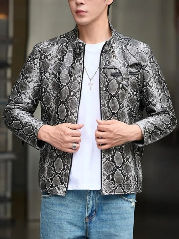 Men's Snake Print Leather Jacket