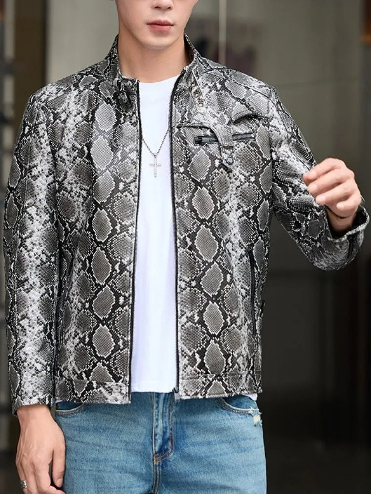 Men's Snake Print Leather Jacket